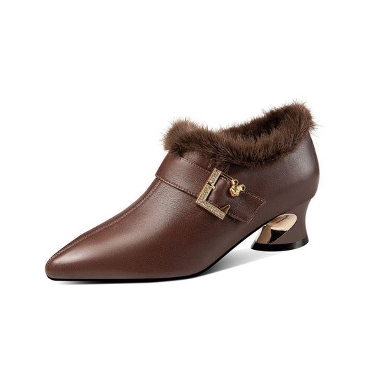 Women's Genuine Leather Handmade Spool Heel Side Zip Up Pointed Toe Chic Buckle Oxford Pumps with Fur Decor