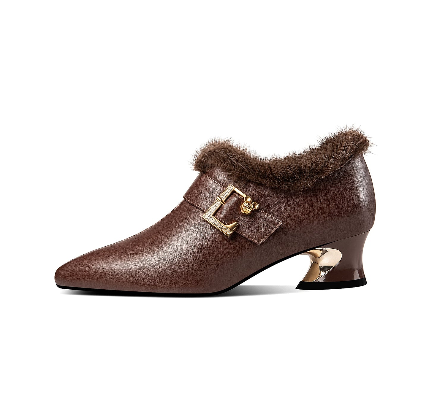 Women's Genuine Leather Handmade Spool Heel Side Zip Up Pointed Toe Chic Buckle Oxford Pumps with Fur Decor