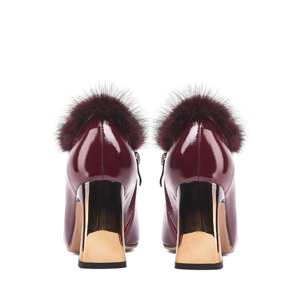 Women's Patent Leather Handmade High Spool Heel Pointed Toe Graceful Side Zip Pump Shoes with Fur