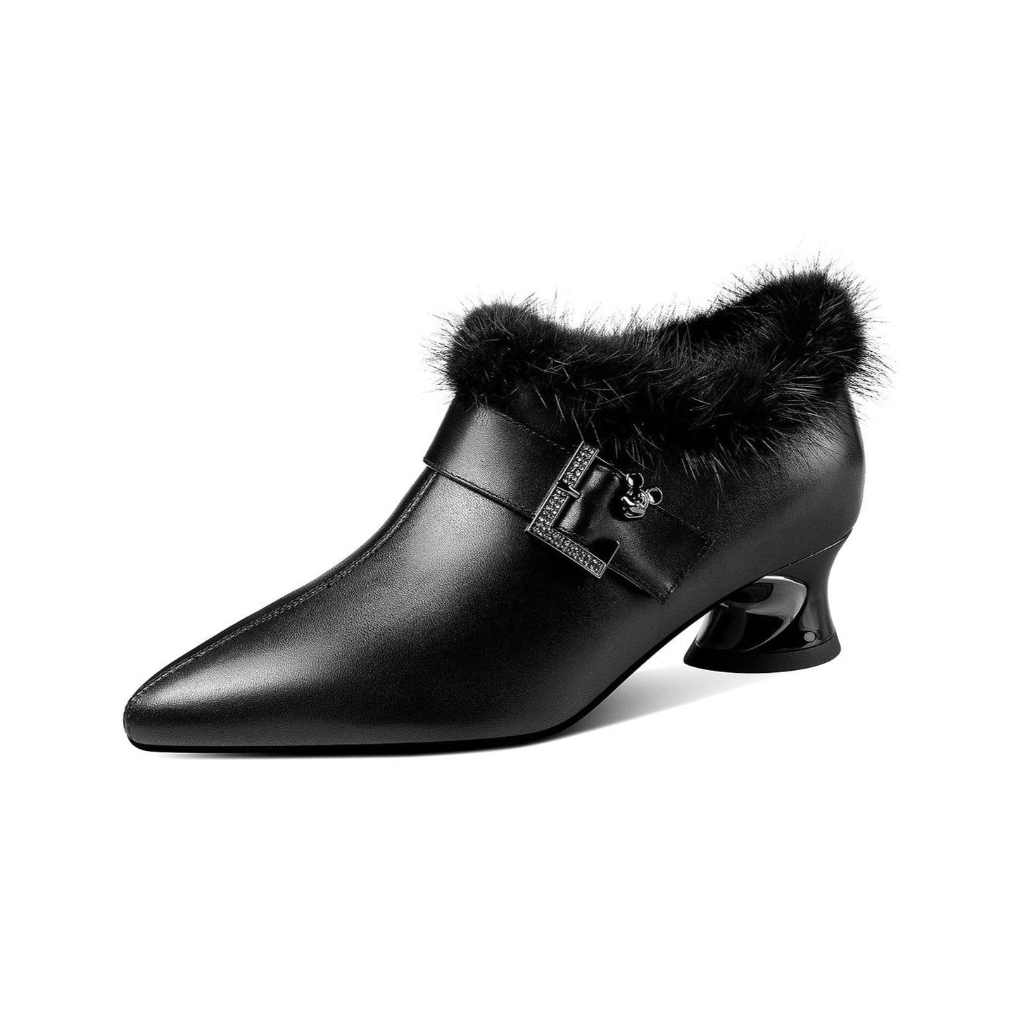 Women's Genuine Leather Handmade Spool Heel Side Zip Up Pointed Toe Chic Buckle Oxford Pumps with Fur Decor