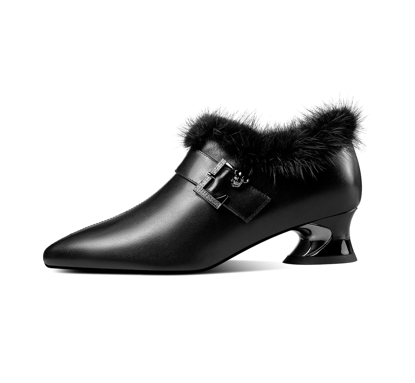 Women's Genuine Leather Handmade Spool Heel Side Zip Up Pointed Toe Chic Buckle Oxford Pumps with Fur Decor