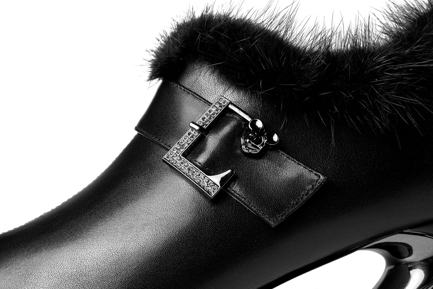 Women's Genuine Leather Handmade Spool Heel Side Zip Up Pointed Toe Chic Buckle Oxford Pumps with Fur Decor