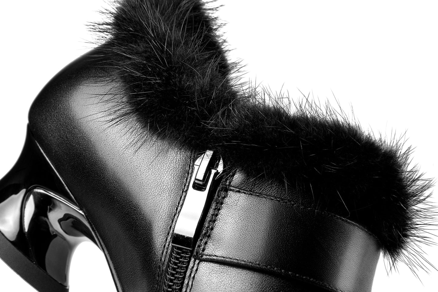 Women's Genuine Leather Handmade Spool Heel Side Zip Up Pointed Toe Chic Buckle Oxford Pumps with Fur Decor