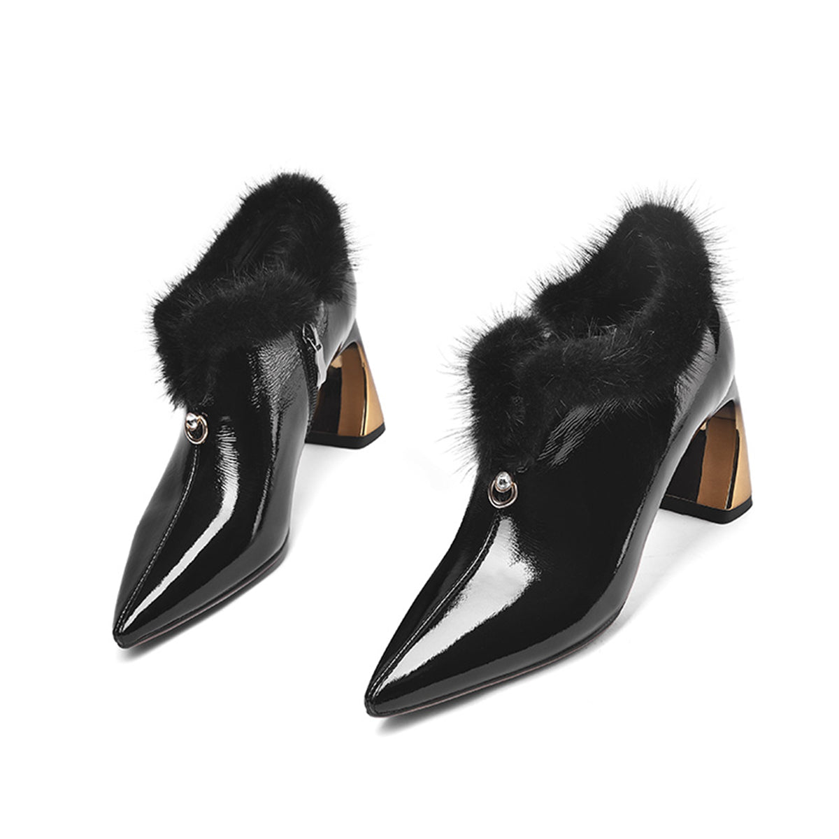 Women's Patent Leather Handmade High Spool Heel Pointed Toe Graceful Side Zip Pump Shoes with Fur