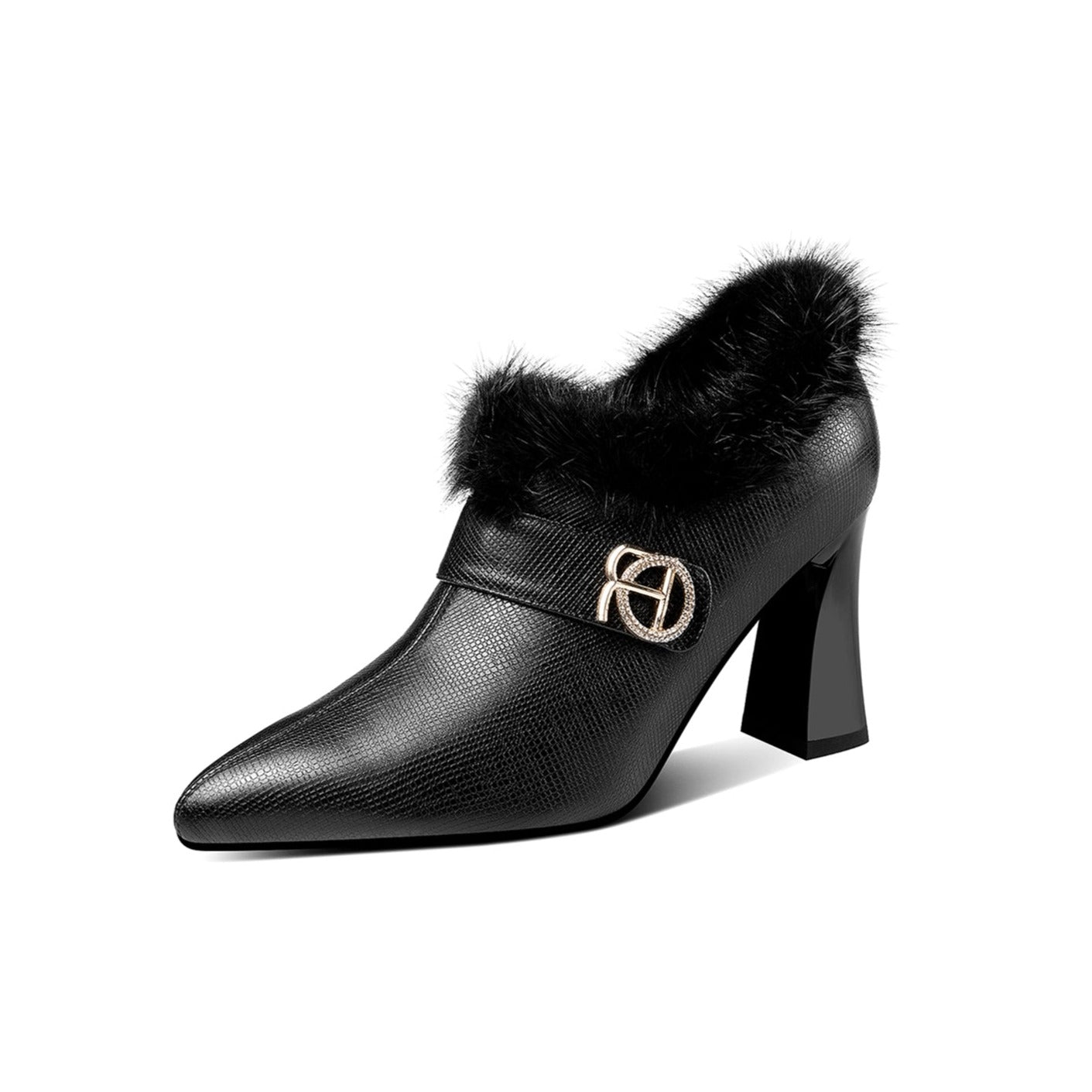 Women's Handmade Genuine Leather High Heel Pointed Toe Side Zip Up Stylish Oxford Pumps with Soft Fur Decor