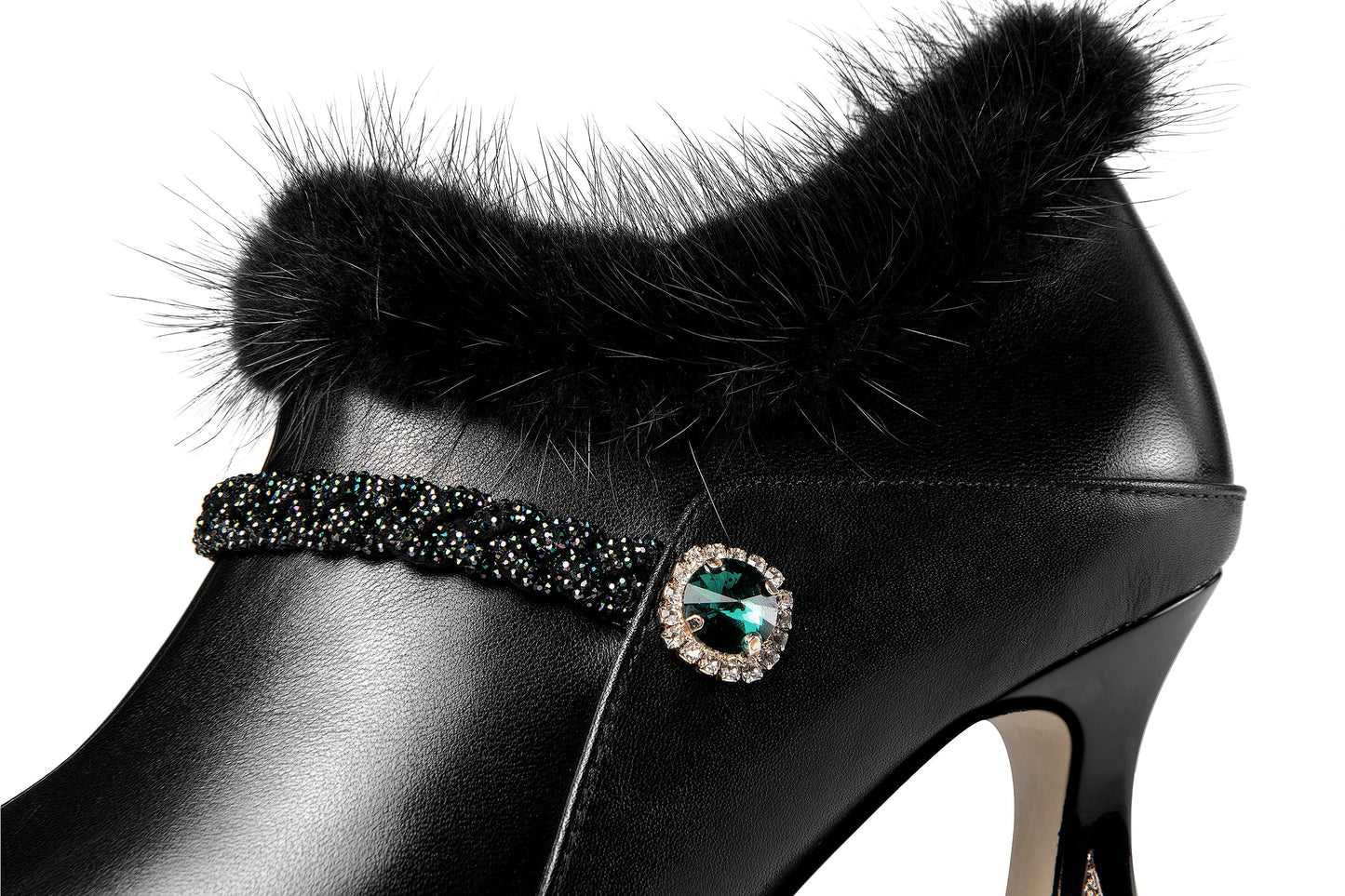 Women's Handmade Genuine Leather and Fur Side Zip Up High Heel Pointed Toe Oxford Pumps with Green Crystal Decor