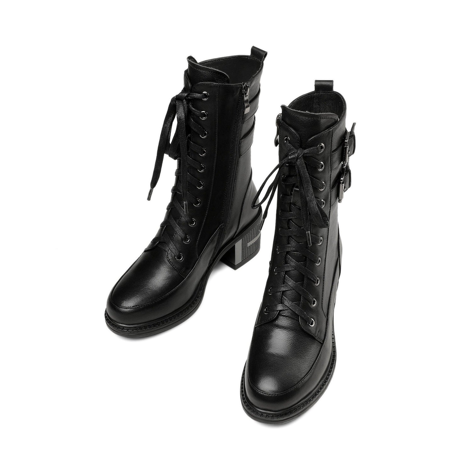 Genuine Leather Round Toe Lace Up Side Zipper Handmade Buckles Mid Chunky Heels Stylish Women's Mid-Calf Boots