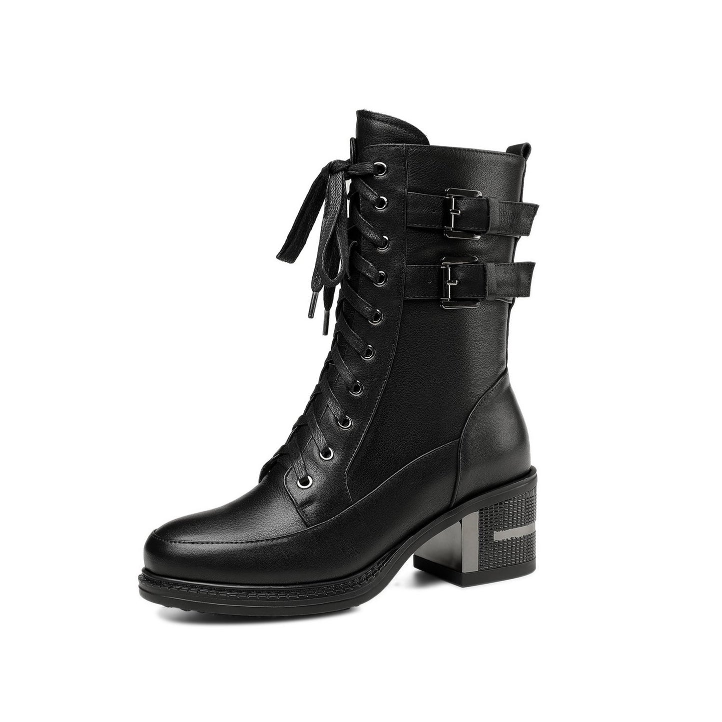 Genuine Leather Round Toe Lace Up Side Zipper Handmade Buckles Mid Chunky Heels Stylish Women's Mid-Calf Boots