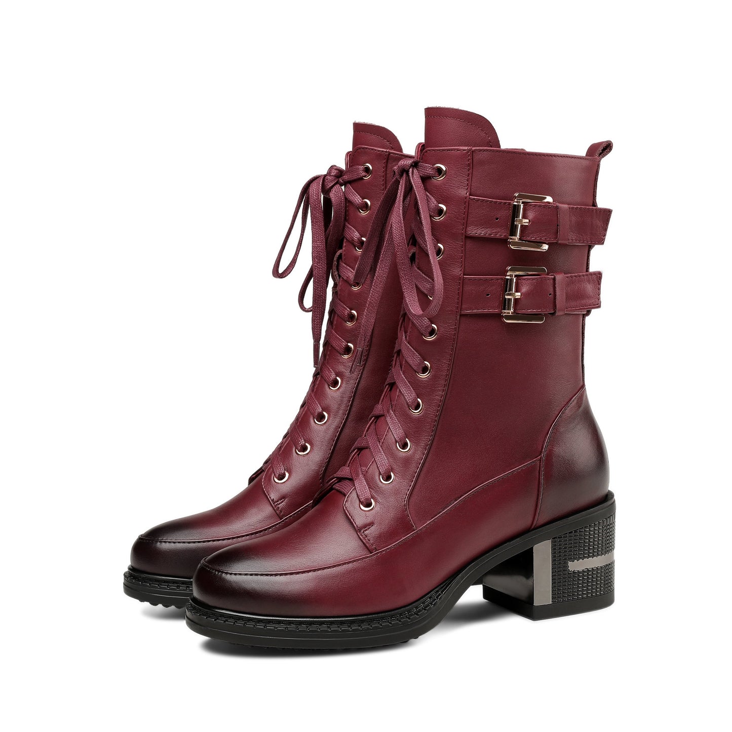 Genuine Leather Round Toe Lace Up Side Zipper Handmade Buckles Mid Chunky Heels Stylish Women's Mid-Calf Boots