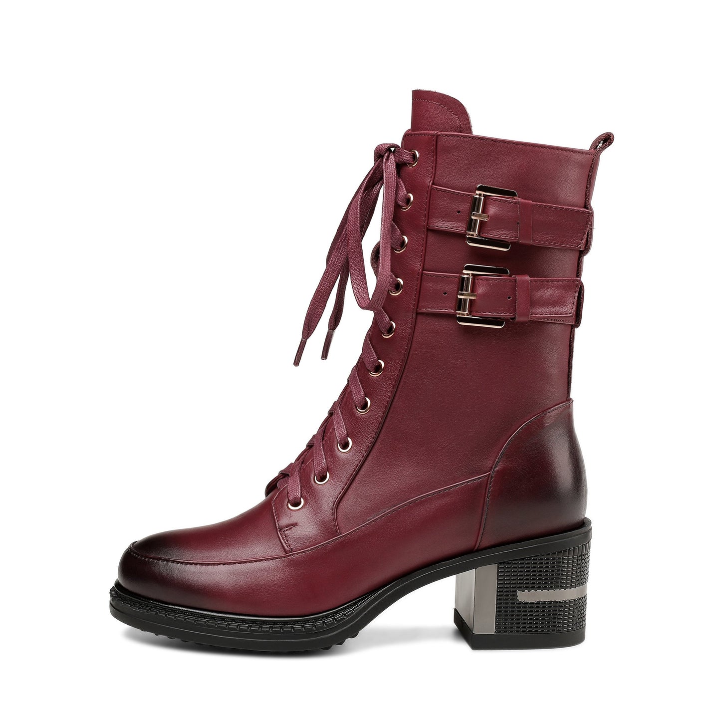 Genuine Leather Round Toe Lace Up Side Zipper Handmade Buckles Mid Chunky Heels Stylish Women's Mid-Calf Boots