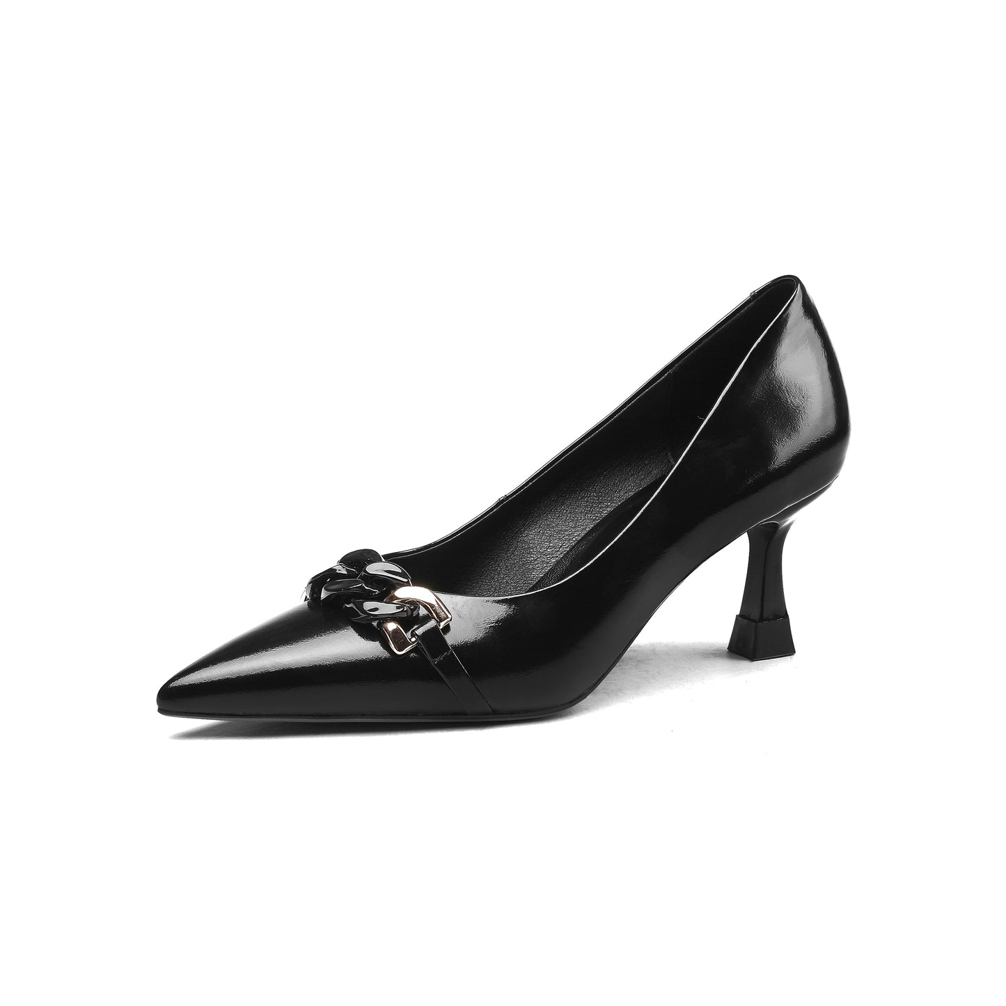 Women's Pointed Toe Handmade Chain Décor Patent Leather Stiletto Mid Heels Stylish Pumps Shoes