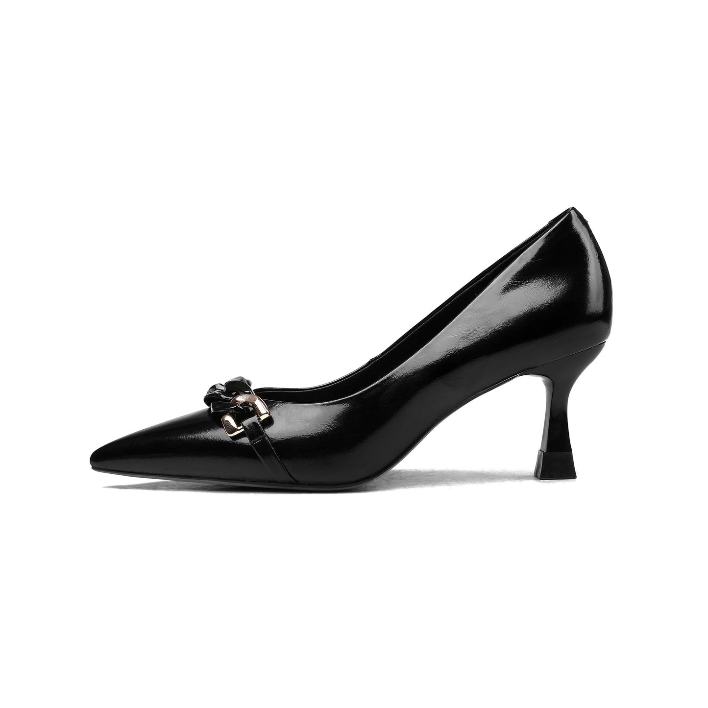 Women's Pointed Toe Handmade Chain Décor Patent Leather Stiletto Mid Heels Stylish Pumps Shoes