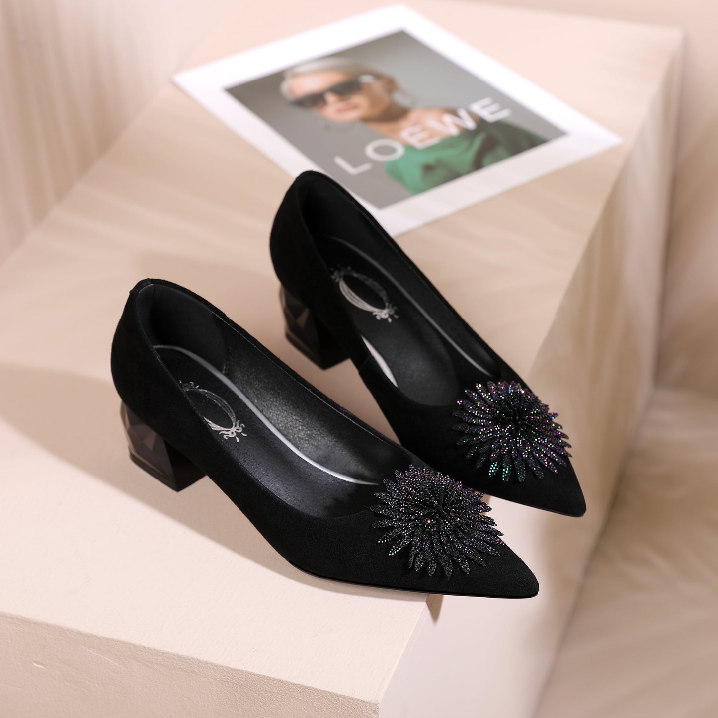 Women's Pointed Toe Genuine/Suede Leather Handmade Rhinestone Floral Decor Low Chunky Heel Pumps Shoes