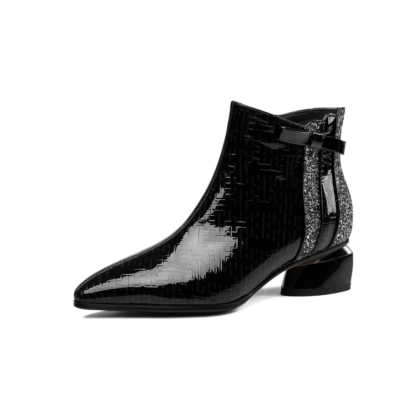 Women's Pointed Toe Patent Leather Handmade Side Zipper Low Chunky Heels Comfort Ankle Boots