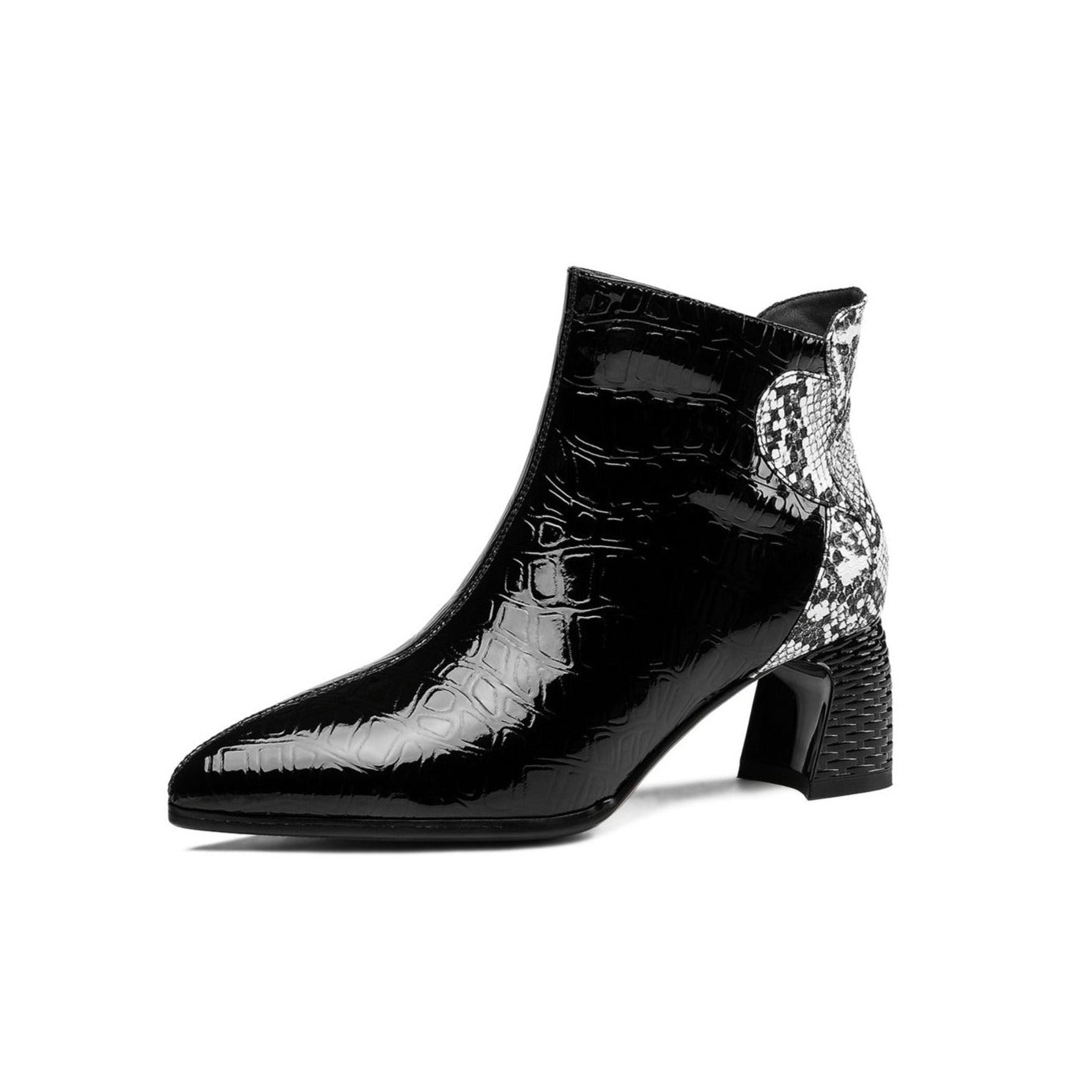 Handmade Women's Patent Leather Patchwork Color Snakeskin Pointed Toe Side Zipper Mid Block Heel Ankle Boots Shoes