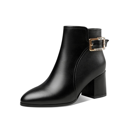 Women's Genuine Leather Handmade Round Toe Side Zipper Mid Chunky Heel Classic Ankle Boots with Buckle