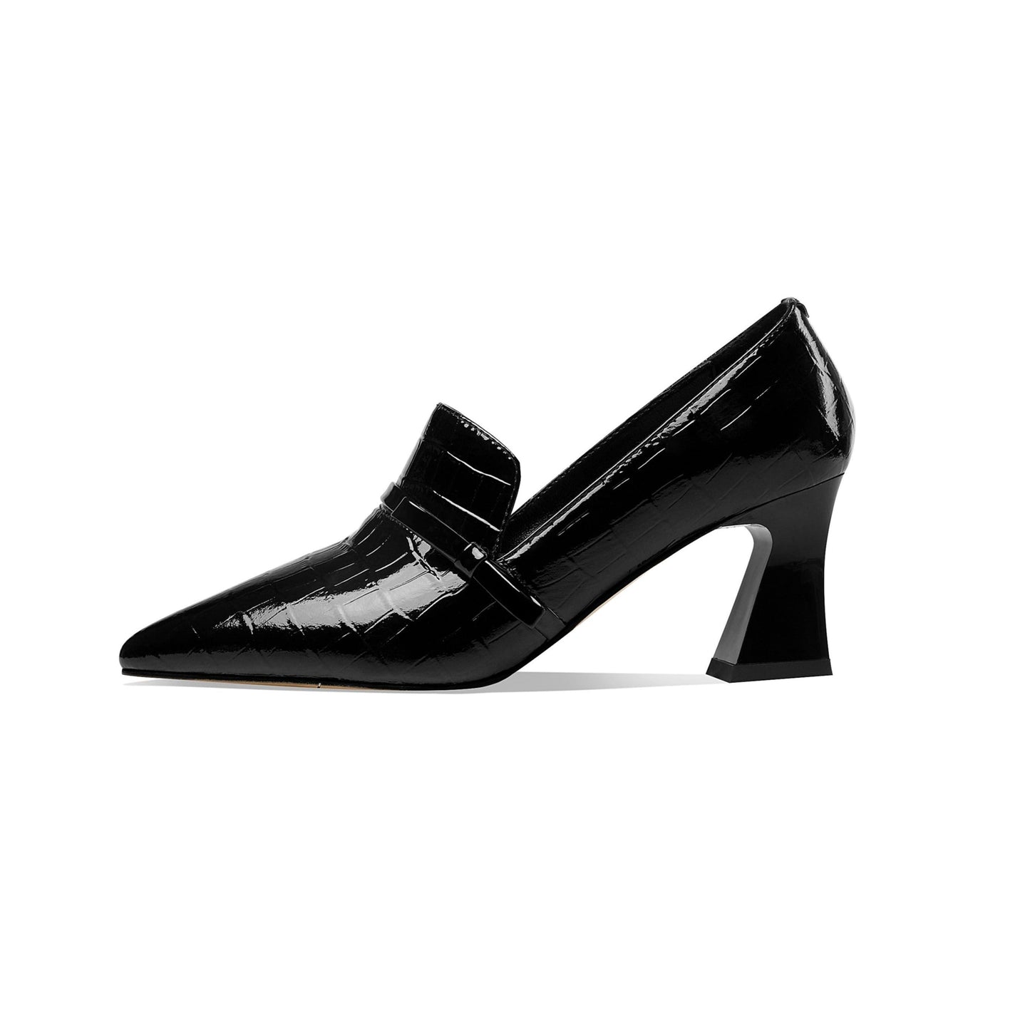 Embossed Patent Leather Handmade Women's Mid Spool Heel Pointed Toe Slip On Modern Pump Shoes with Bowtie