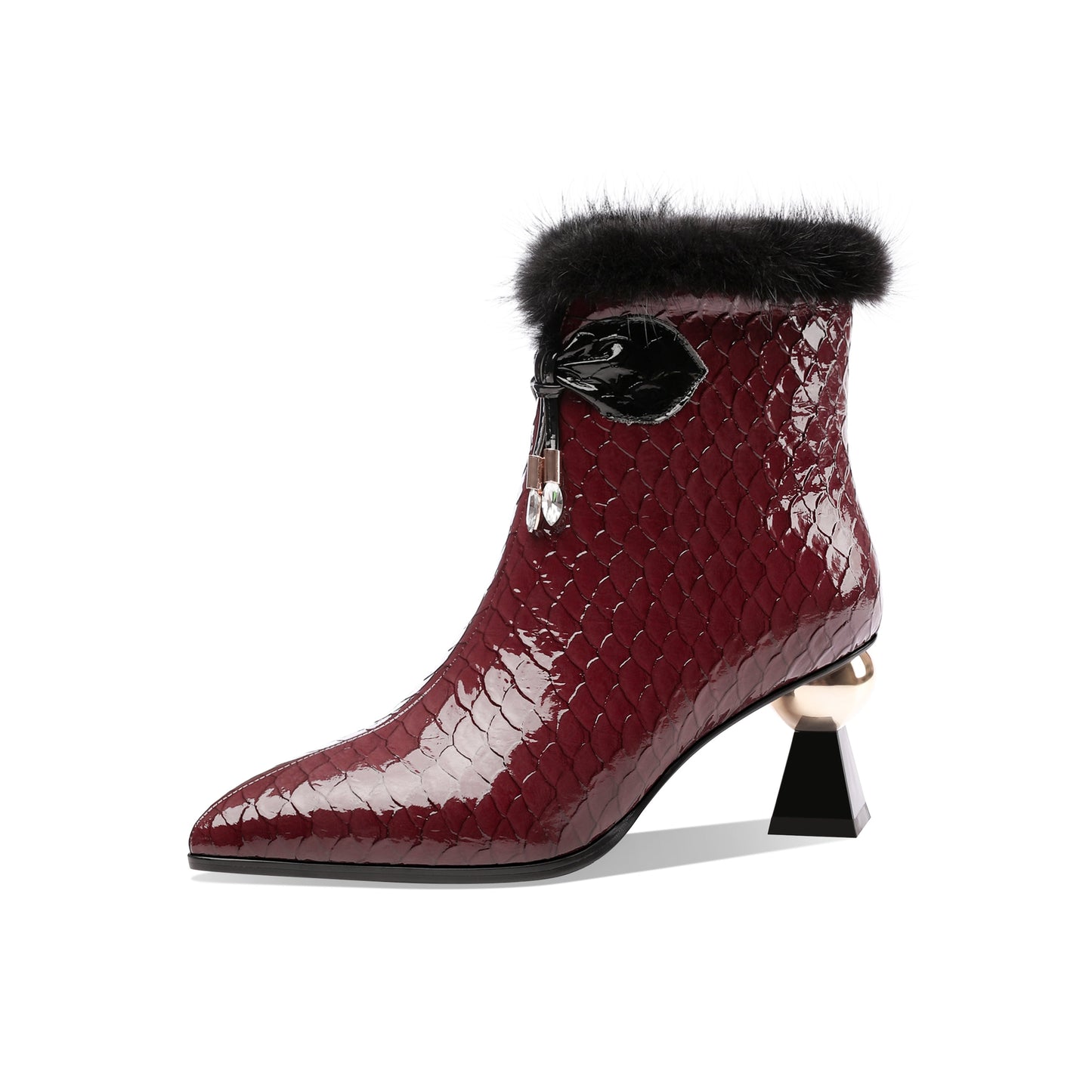 Patent Leather Handmade Women's Pointy Toe Side Zip Up Mid Heel Crystal and Fur Design Ankle Boots with Bow