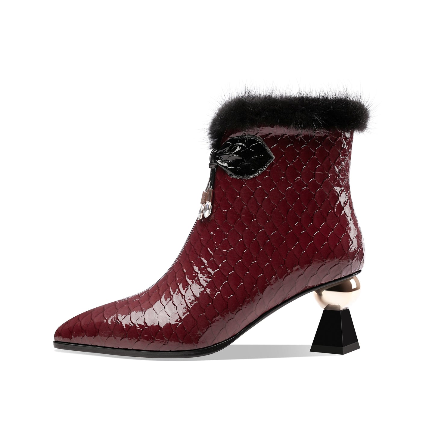 Patent Leather Handmade Women's Pointy Toe Side Zip Up Mid Heel Crystal and Fur Design Ankle Boots with Bow