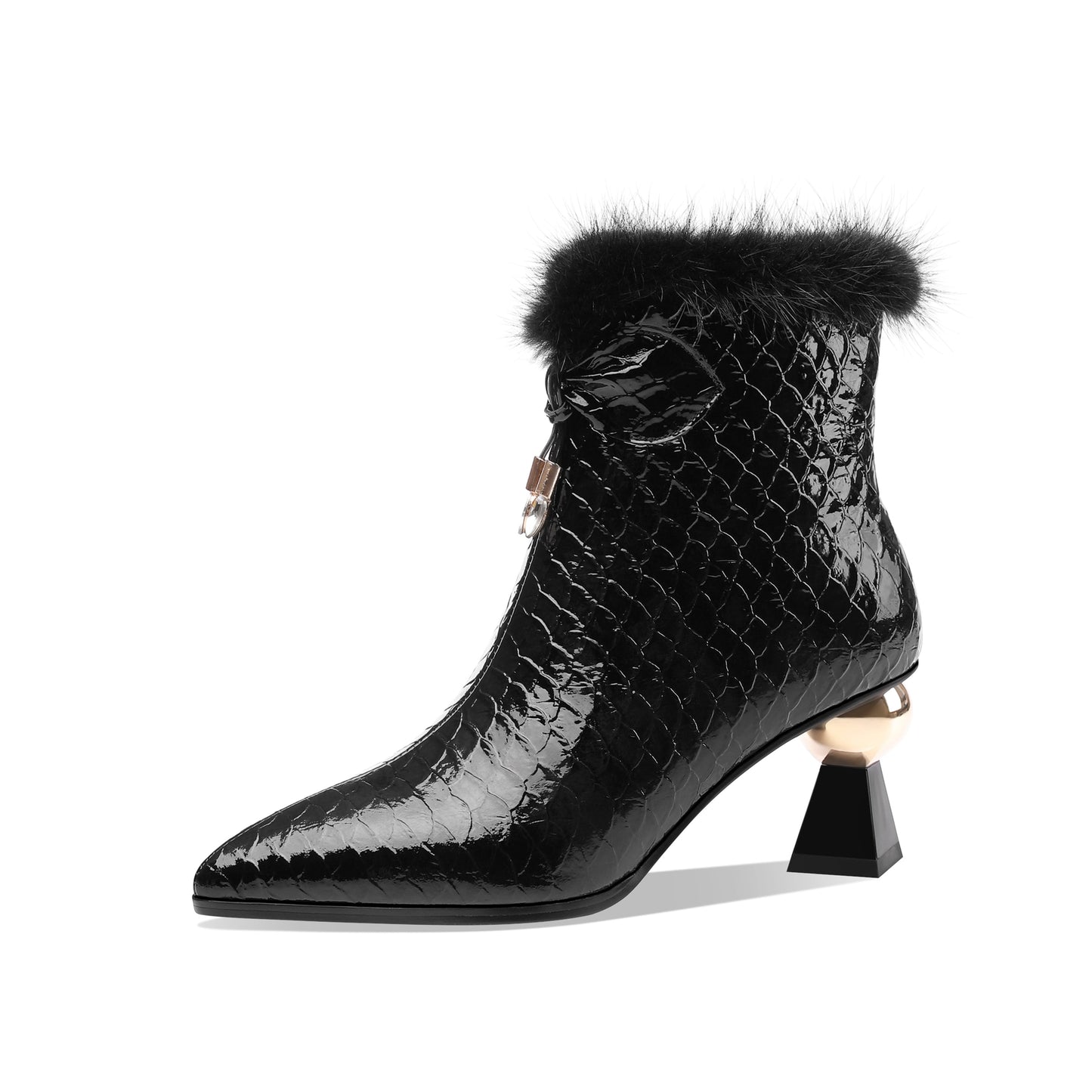 Patent Leather Handmade Women's Pointy Toe Side Zip Up Mid Heel Crystal and Fur Design Ankle Boots with Bow