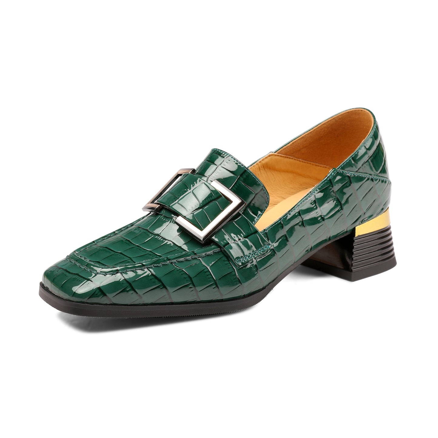 Women's Patent Leather Square Toe Handmade Buckled Casual Loafers Shoes with Low Chunky Heels