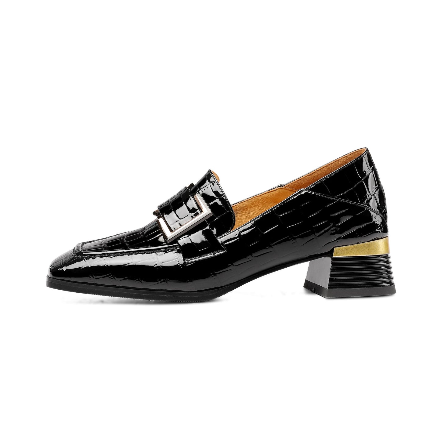 Women's Patent Leather Square Toe Handmade Buckled Casual Loafers Shoes with Low Chunky Heels