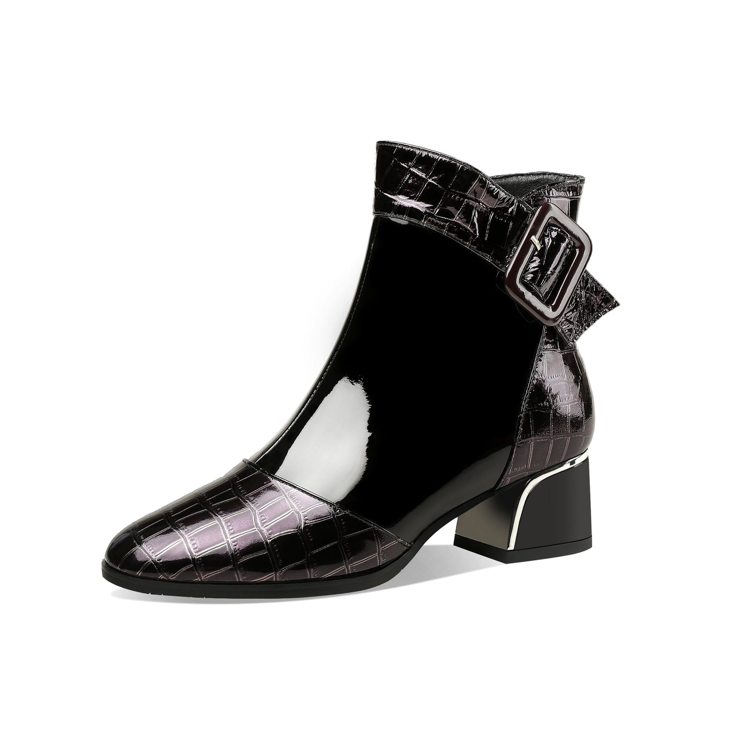 Women's Patent Leather Handmade Round Toe Side Zipper Buckled Low Chunky Heel Stylish Bootie