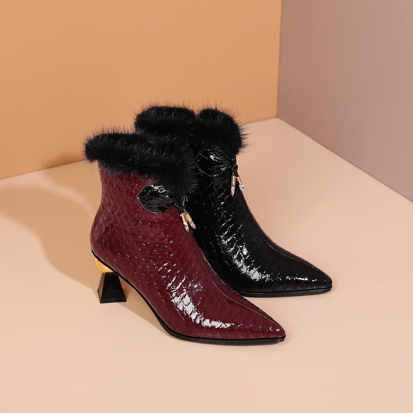 Patent Leather Handmade Women's Pointy Toe Side Zip Up Mid Heel Crystal and Fur Design Ankle Boots with Bow