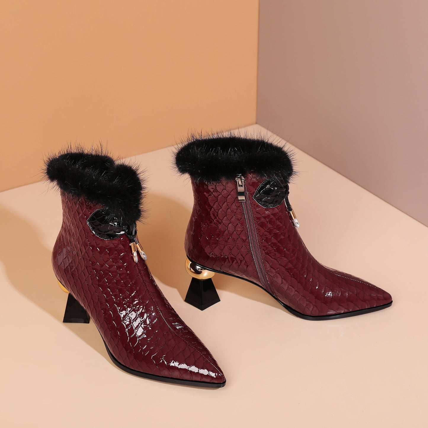 Patent Leather Handmade Women's Pointy Toe Side Zip Up Mid Heel Crystal and Fur Design Ankle Boots with Bow