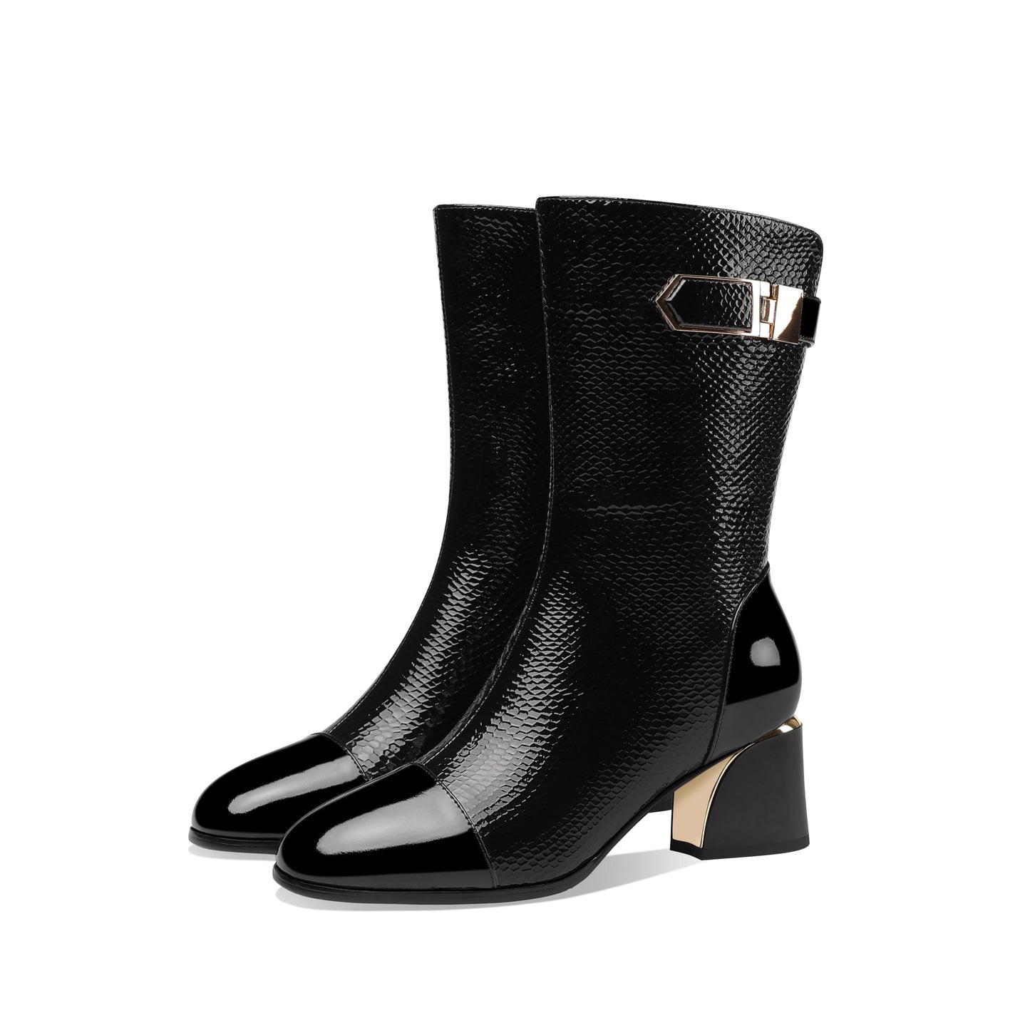 Handmade Women's Patent Leather Side Zip Up Block Heel Cap-Toe Black Mid-Calf Boots with Chic Metal Pattern