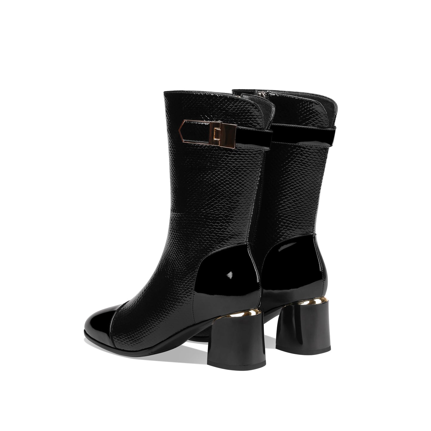 Handmade Women's Patent Leather Side Zip Up Block Heel Cap-Toe Black Mid-Calf Boots with Chic Metal Pattern