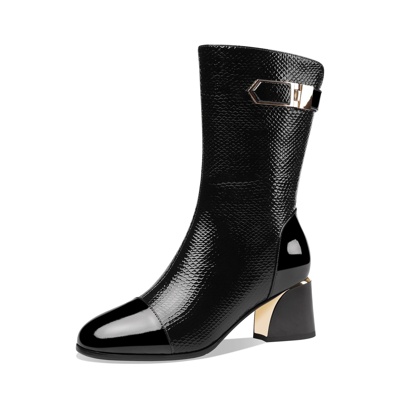 Handmade Women's Patent Leather Side Zip Up Block Heel Cap-Toe Black Mid-Calf Boots with Chic Metal Pattern