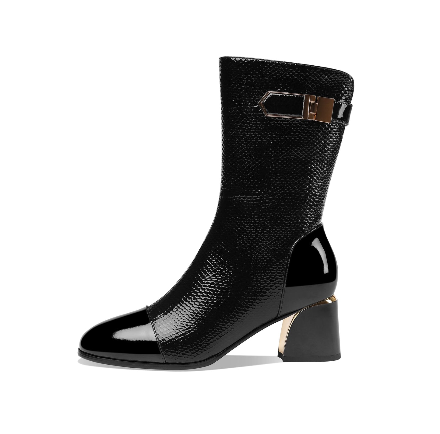 Handmade Women's Patent Leather Side Zip Up Block Heel Cap-Toe Black Mid-Calf Boots with Chic Metal Pattern