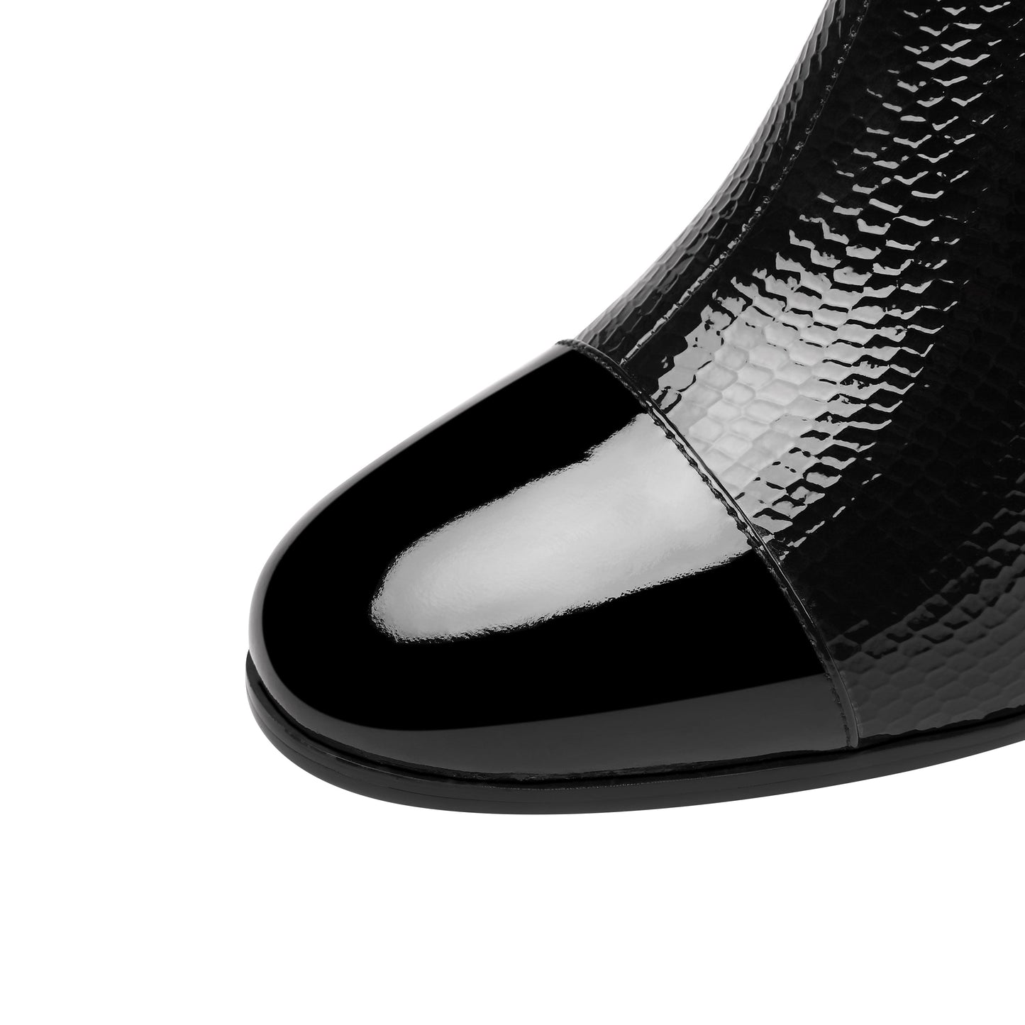 Handmade Women's Patent Leather Side Zip Up Block Heel Cap-Toe Black Mid-Calf Boots with Chic Metal Pattern