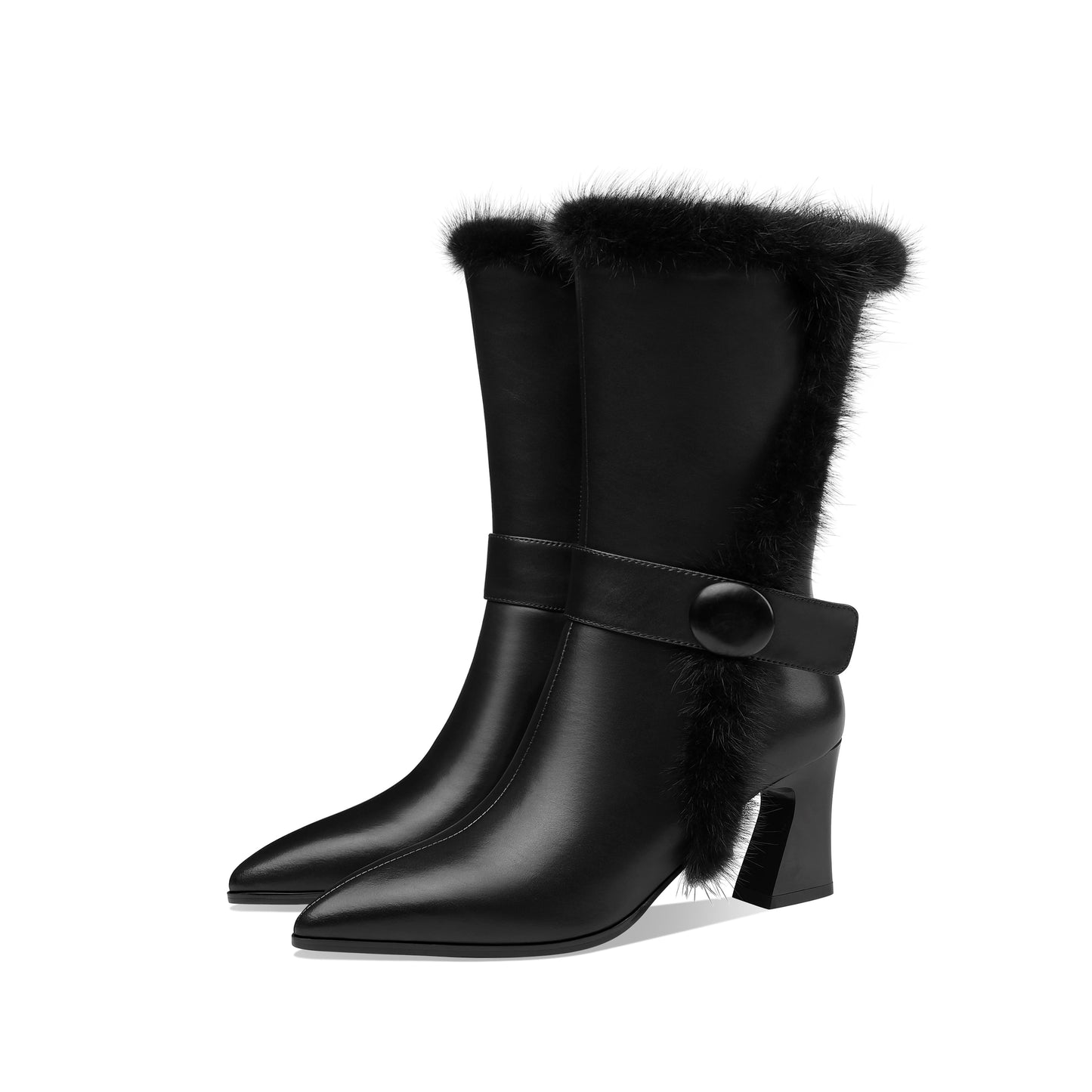 Handmade Women's Genuine Leather Spool Heel Side Zip Up Black Mid-Calf Boots with Fur And Chic Belt