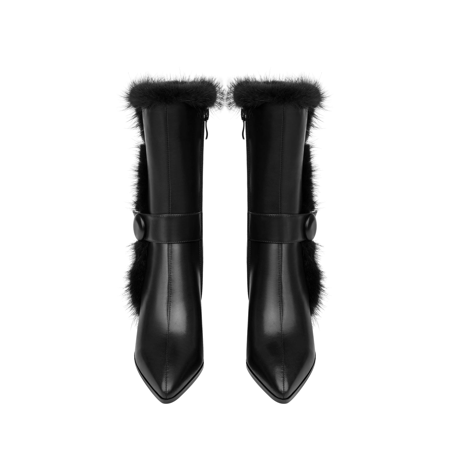 Handmade Women's Genuine Leather Spool Heel Side Zip Up Black Mid-Calf Boots with Fur And Chic Belt