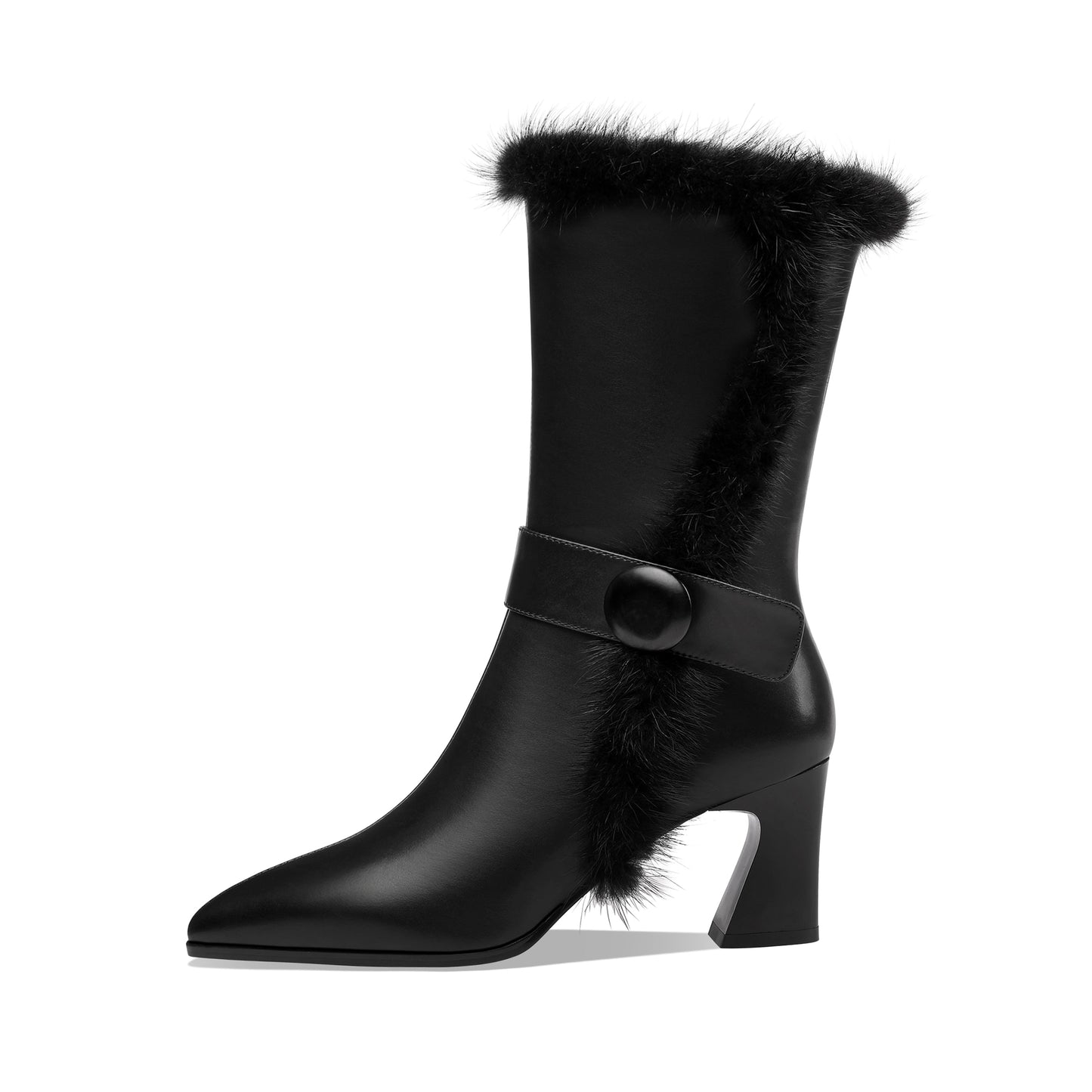 Handmade Women's Genuine Leather Spool Heel Side Zip Up Black Mid-Calf Boots with Fur And Chic Belt