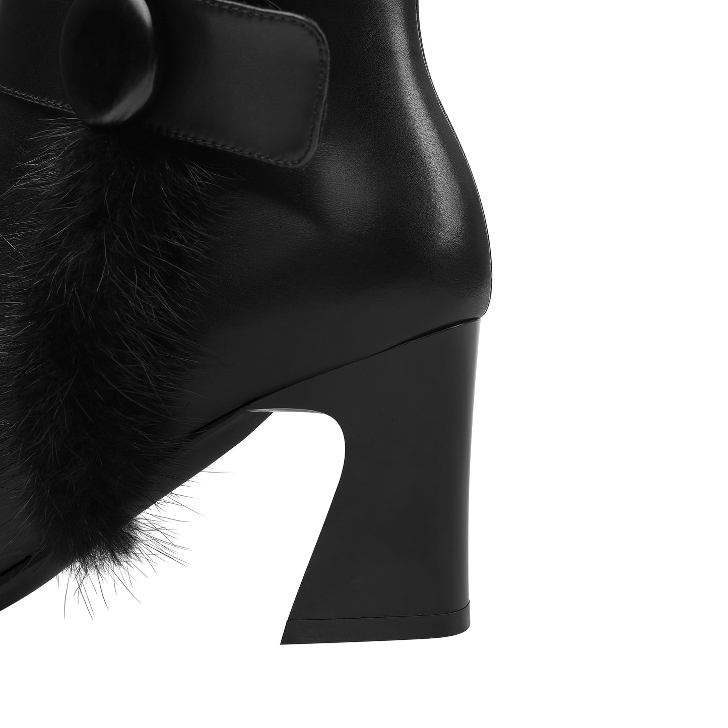 Handmade Women's Genuine Leather Spool Heel Side Zip Up Black Mid-Calf Boots with Fur And Chic Belt