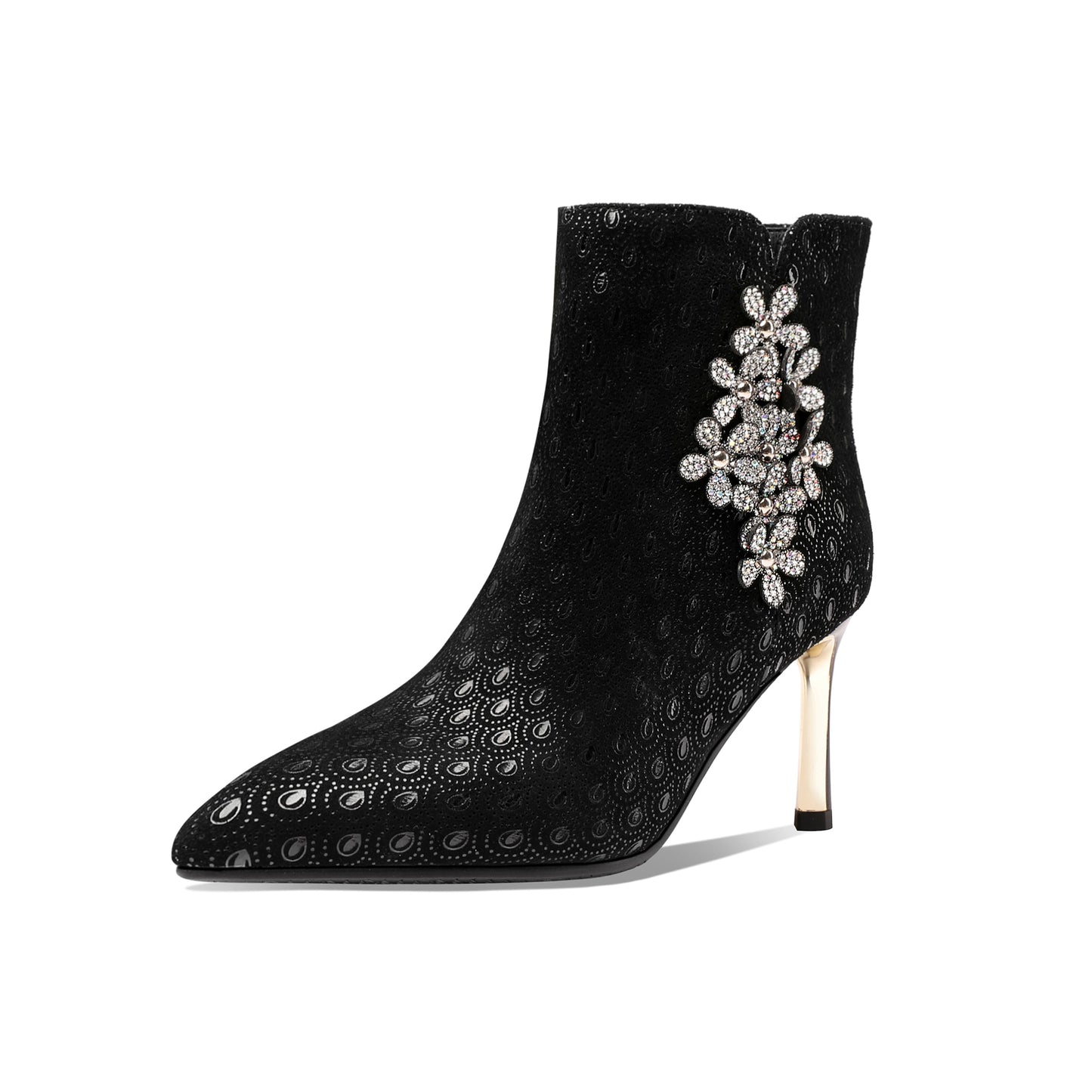 Women's Handmade Leather Sexy Metal Heel Side Zip Up Pointed Toe Ankle Boots with Rhinestone Flower