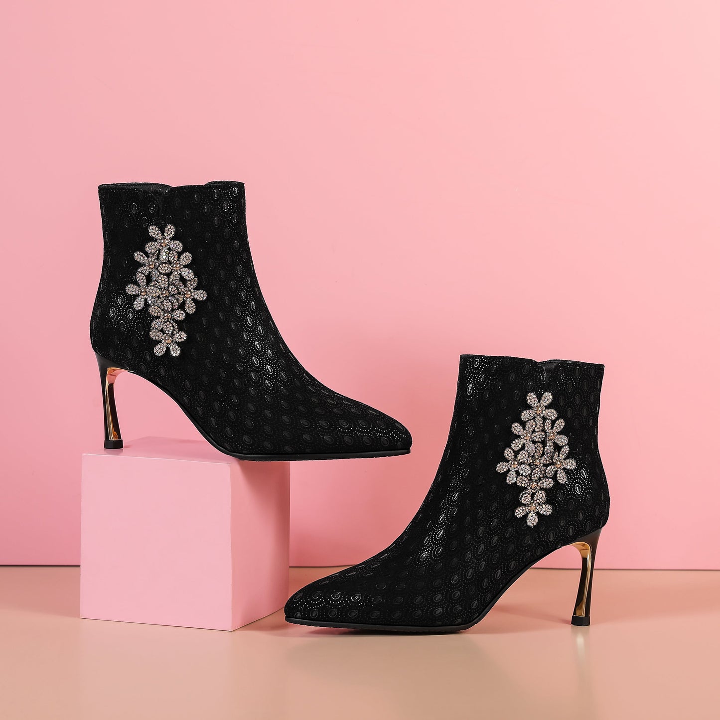 Women's Handmade Leather Sexy Metal Heel Side Zip Up Pointed Toe Ankle Boots with Rhinestone Flower