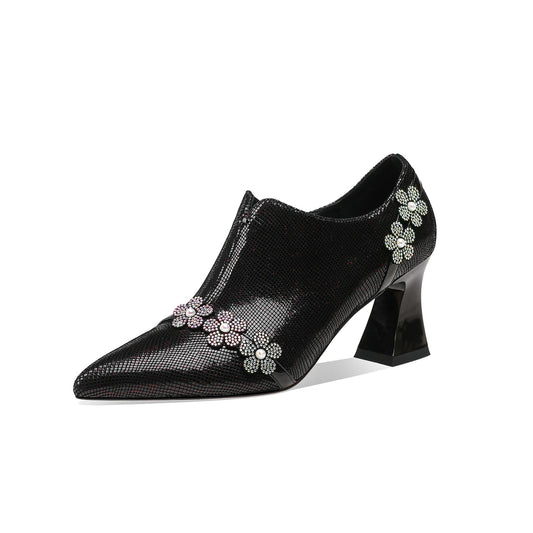 Women's Pointed Toe Genuine Leather Handmade Flower Décor Side Zip Up Mid Chunky Heels Shoes