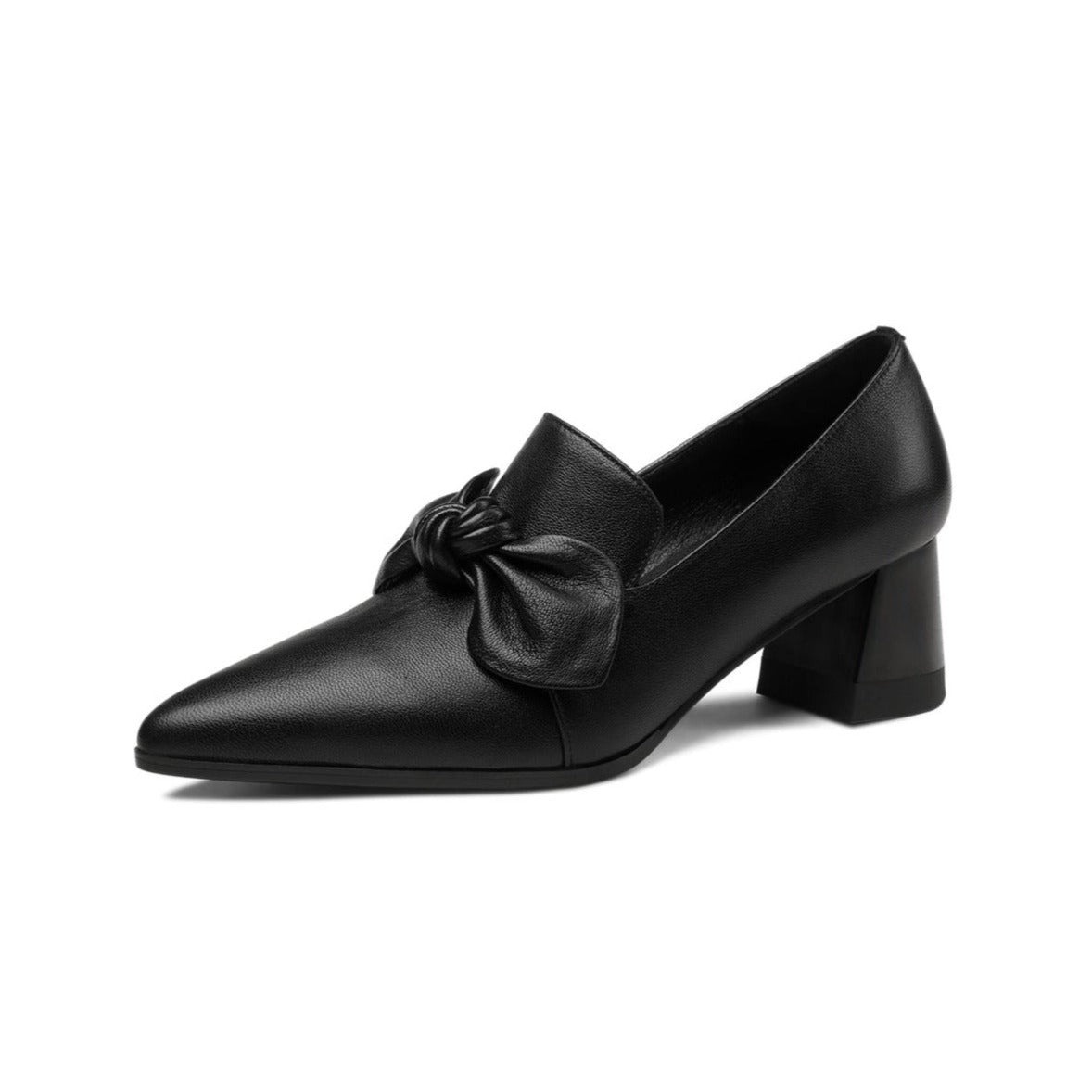 Handmade Women's Genuine Leather Bowknot Slip On Pointed Toe Mid Chunky Heel Pumps Shoes