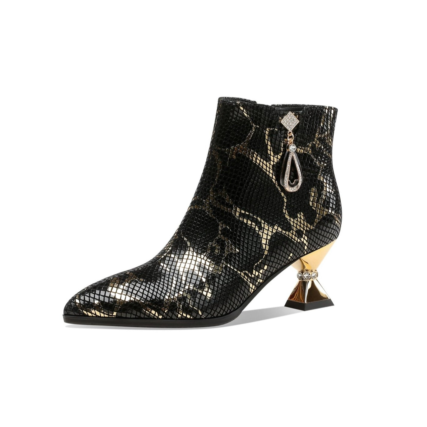 Handmade Women's Assorted Color Genuine Leather Rhinestones Printed Snakeskin Side Zipper Pointed Toe Mid Spool Heel Ankle Boots