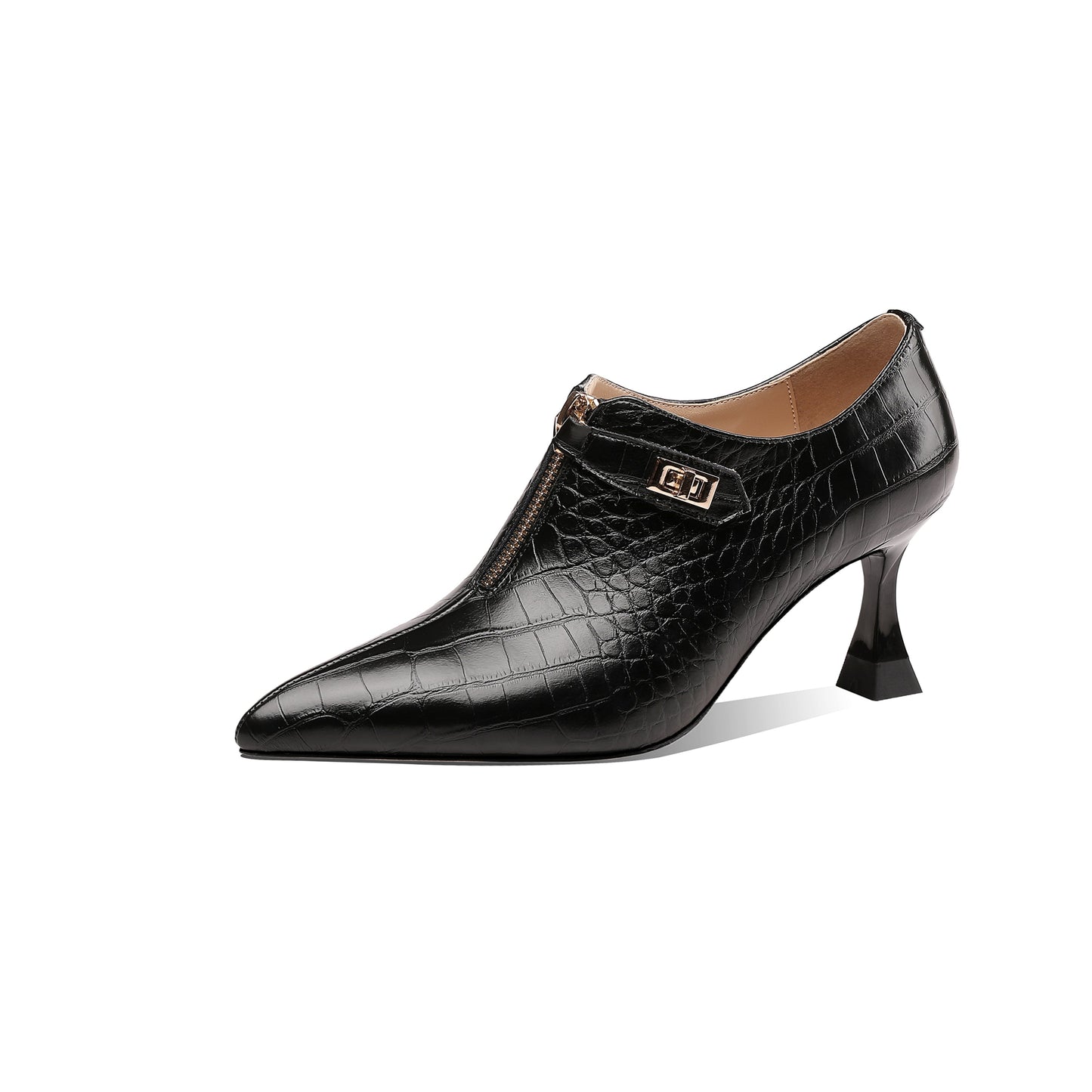 Genuine Leather Women's Handmade Pointed Toe Front Zipper Checkered Oxford Pumps