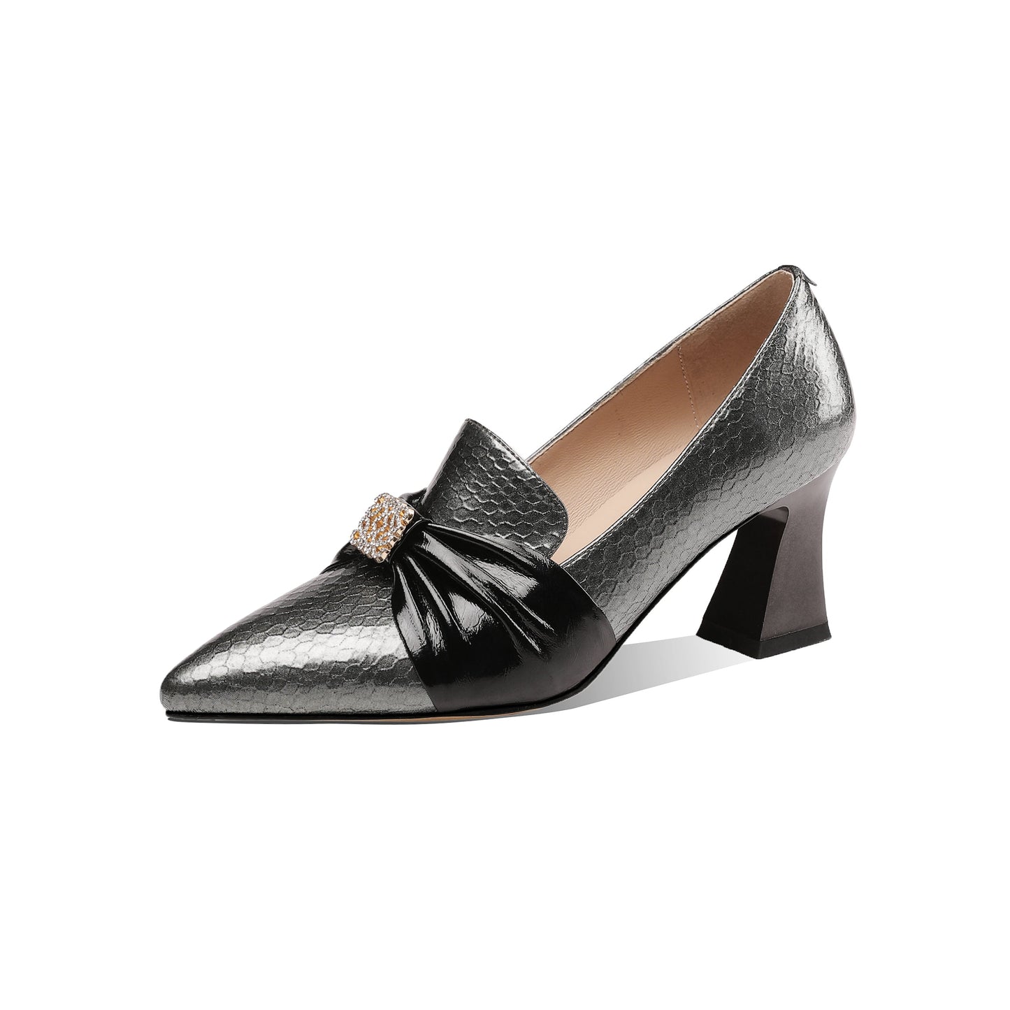 Women's Genuine Leather Handmade Pointy Toe Elegant Spool Heel Rhinestone Pattern Pumps Shoes