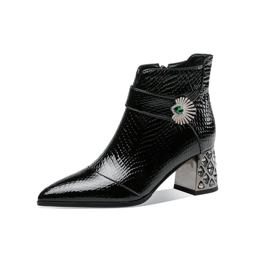 Handmade Women's Patent Leather Side Zipper Pointed Toe Mid Rhinestones Chunky Heel Ankle Boots