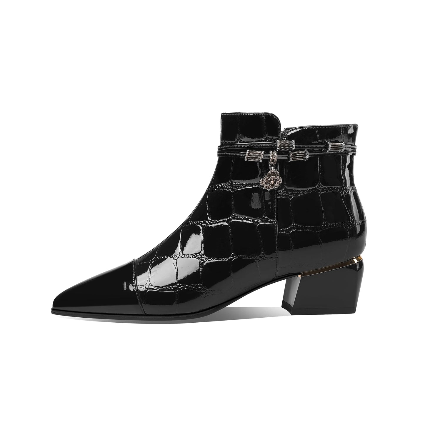 Women's Handmade Patent Leather Block Heel Side Zip Up Pointed Toe Stylish Belt Pendant Decor Ankle Booties