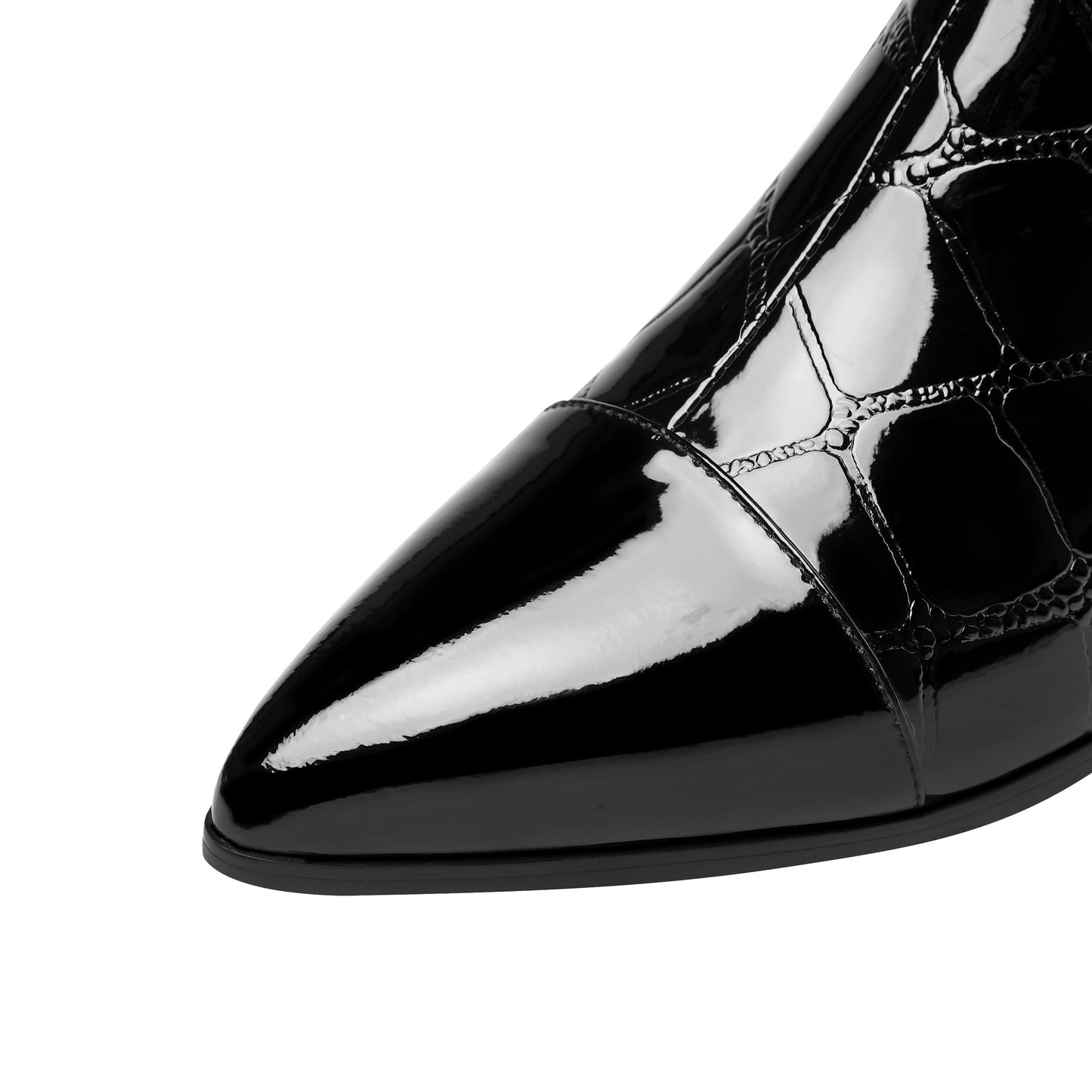 Women's Handmade Patent Leather Block Heel Side Zip Up Pointed Toe Stylish Belt Pendant Decor Ankle Booties