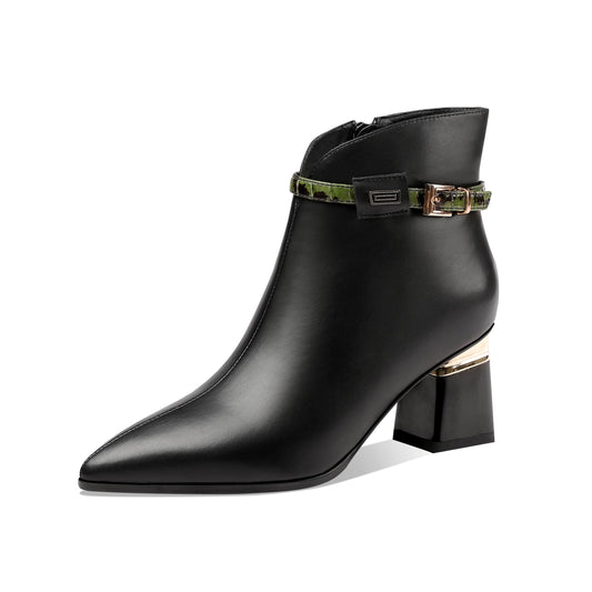 Genuine Leather Women's Handmade Side Zip Up Green Belt Design Chunky Heel Black Ankle Booties