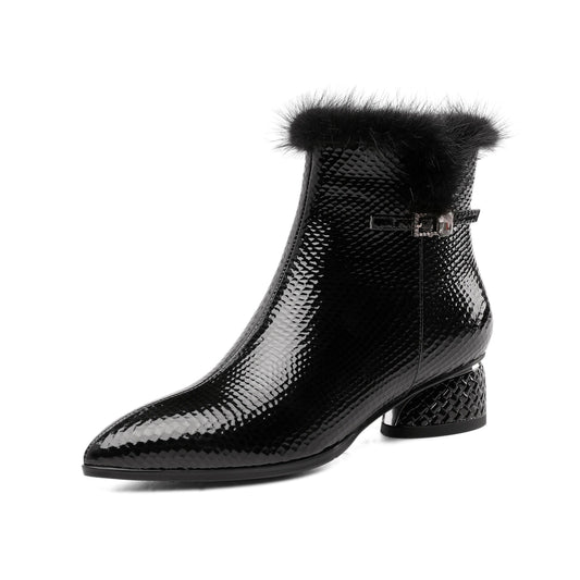 Women's Patent Leather Handmade Side Zip Up Block Heel Black Ankle Booties with Fur and Glitter Buckle Decor